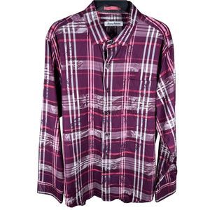 TOMMY Bahama Mens Sz L Holiday Hulu Plaid L/S Rum Berry Silk Blend Shirt